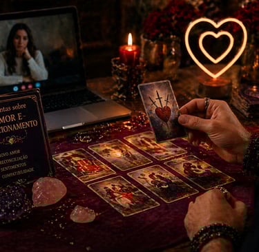 cartomante especializado em amor e relacionamento realizando leitura de tarot em consulta espiritual