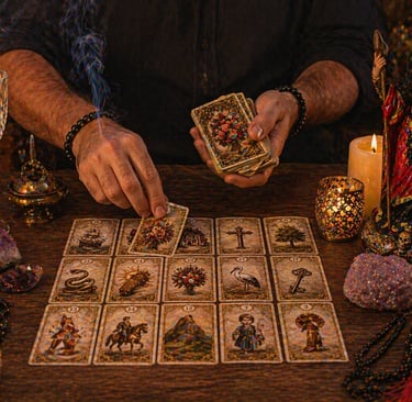 cartomante online baralho cigano realizando leitura lenormand com cartas na mesa