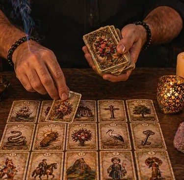 cartomante online baralho cigano realizando leitura lenormand com cartas na mesa