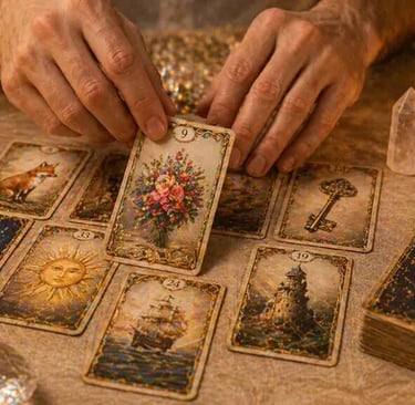 cartomante online baralho cigano realizando leitura lenormand em consulta espiritual profissional
