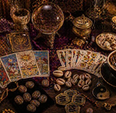 oraculos diversos com tarot runas buzios cafeomancia e bola de cristal em mesa mistica