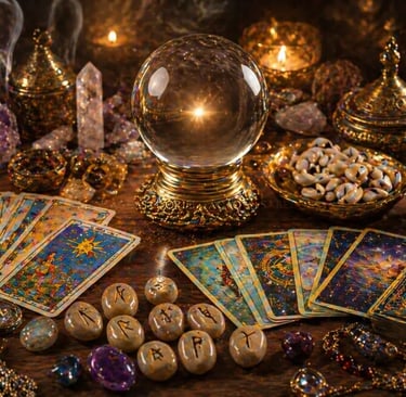 oraculos online com tarot runas buzios e bola de cristal em mesa mistica