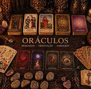 oraculos com tarot baralho cigano e runas em mesa mistica com cartas e pedras espirituais