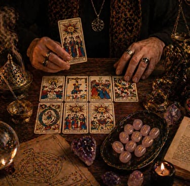 tarot de marselha leitura amorosa em consulta com cartas e ferramentas espirituais na mesa