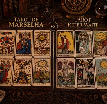 diferenca entre tarot de marselha e rider waite com cartas comparadas em mesa mistica