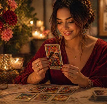leitura tarot do amor com mulher feliz segurando carta