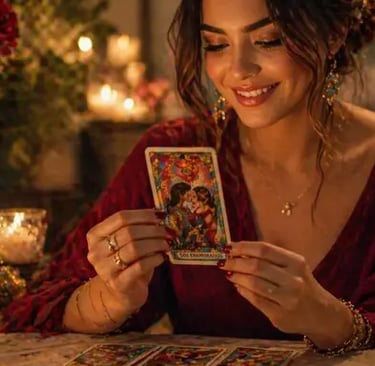 leitura tarot do amor com mulher feliz segurando carta