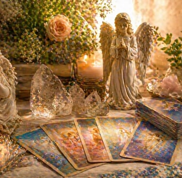 leitura tarot dos anjos com cartas angelicais em ambiente harmonioso
