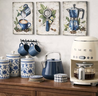 A cozy blue aesthetic coffee station featuring a cream SMEG coffee maker, wooden cabinet