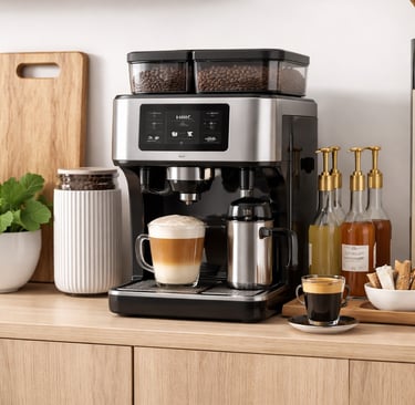 Automatic espresso machine with integrated milk frother brewing a latte on a wooden kitchen counter.
