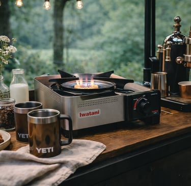 Portable Iwatani butane stove burning on a wooden table with Yeti mugs and coffee equipment.