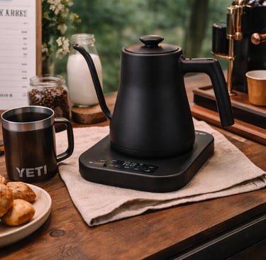 Black gooseneck electric kettle on a wooden table with a Yeti mug and coffee beans.