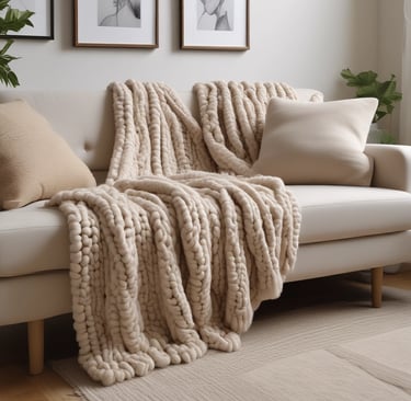 beige chunky knit throw blanket on couch