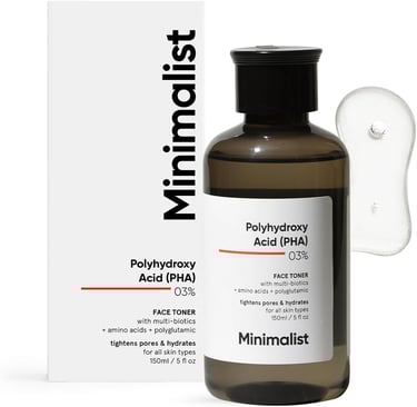 Minimalist Polyhydroxy Acid 03% face toner bottle and packaging for pore tightening.