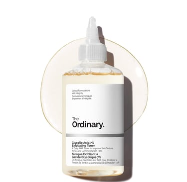 Bottle of The Ordinary Glycolic Acid 7% Exfoliating Toner for bright, smooth skin texture.