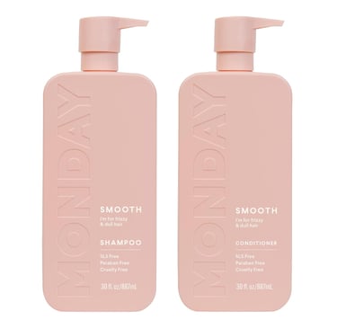 Monday Haircare Smooth Shampoo and Conditioner set in pink bottles for frizzy and dull hair.