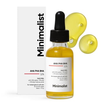 Minimalist AHA PHA BHA 32% Face Peel bottle and box for glowing skin exfoliation.