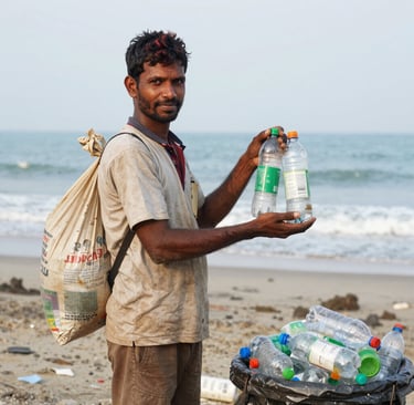 A man collecting plastic bottles for recycling on a sandy beach to reduce ocean pollution.