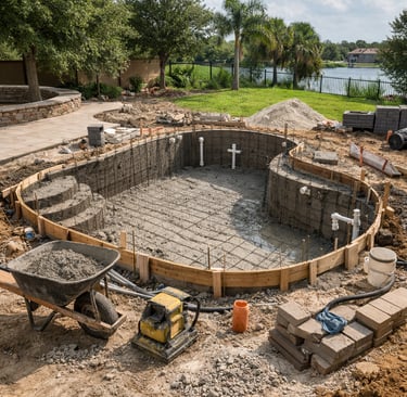 wimming pool construction process with patio and outdoor features installation