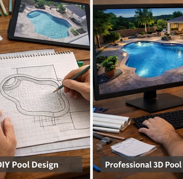 DIY pool design concept compared to professional 3D pool design rendering