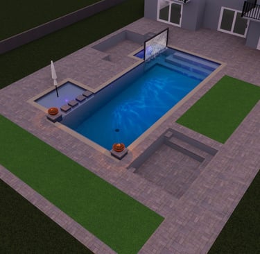 Custom backyard pool design with outdoor living space and modern layout