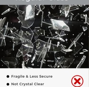 Shattered regular glass shards demonstrating fragility and lack of security.