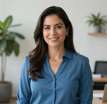A professional portrait of Valeria Holguín, a Hispanic female psychologist in her late 30s, with a warm and empathetic expression, wearing a steel blue blouse, in a bright modern office with plants.