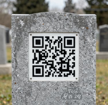 A serene cemetery scene showcasing a personalized tombstone with a QR code plaque