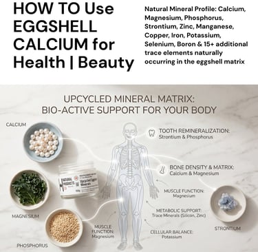 NaturalProducts.ca infographic explaining the 27 trace mineral matrix found in upcycled eggshell cal