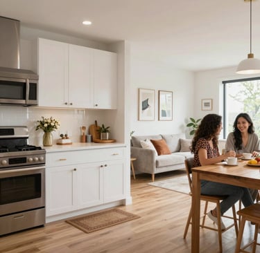 Shared kitchen area with modern appliances and communal dining table