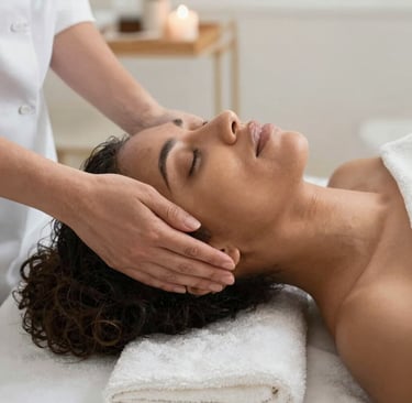 A vibrant scene showing an African lady receiving micro-needling therapy in a calm, neutral-toned room