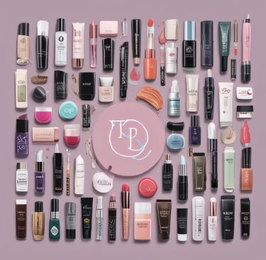 Soft pastel-hued cosmetics artfully arranged on a sleek white marble countertop.