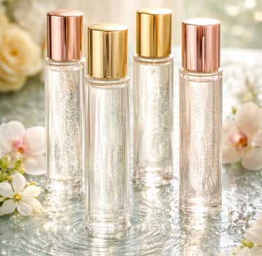Élégants flacons de parfum en verre avec bouchons dorés et or rose entourés de fleurs blanche