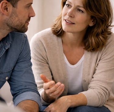 A woman talking to her partner during a serious conversation or couples therapy session.