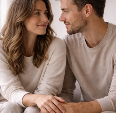 Smiling young couple in neutral knit sweaters holding hands while sitting together on a couch at home.