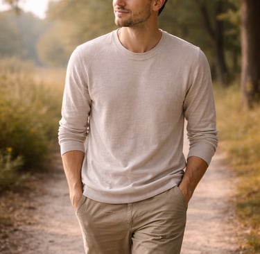 A man in a casual beige sweater and khaki pants walks through a park trail.