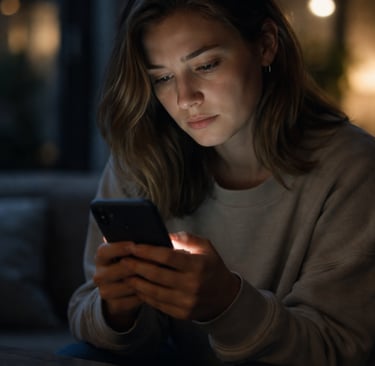 A young woman using a smartphone in a dark room with the screen light illuminating her face.