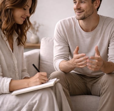 Professional therapist taking notes while a smiling male patient talks during a therapy session.