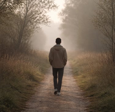 A man walks alone down a peaceful, foggy forest path during a misty morning hike.