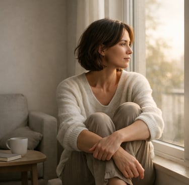 A woman in a cozy white sweater sitting by a window at sunset, looking out thoughtfully.
