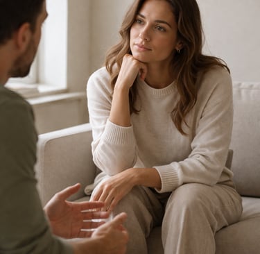 A woman listens intently during a professional counseling session or therapy meeting.