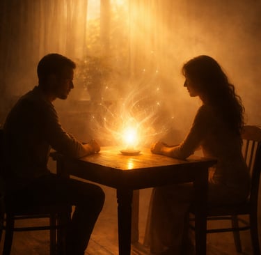 A romantic couple sitting at a wooden table with a magical glowing light between them in a misty room.