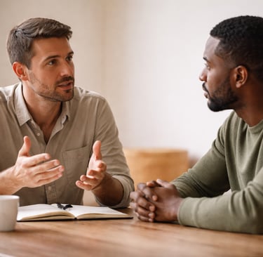 Two diverse professional men in a business meeting discussing a project over coffee and a notebook.