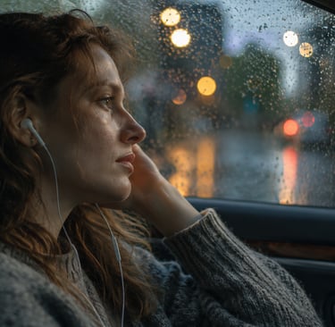 Person emotionally reflecting while hearing meaningful music after loss