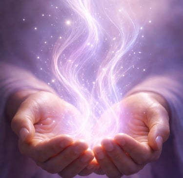 Glowing purple magical energy rising from cupped hands with sparkling light and ethereal swirls.