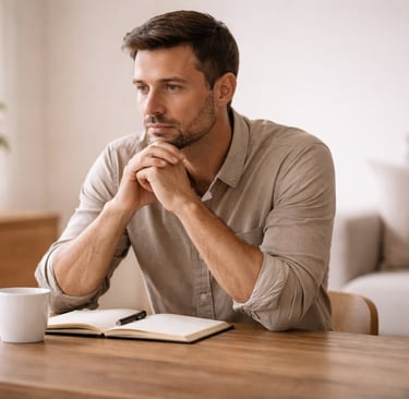 A thoughtful man sitting at a wooden table with a notebook and coffee, planning and reflecting.