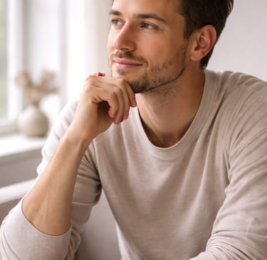 Thoughtful man with a beard sitting indoors in a casual beige sweater looking out the window.