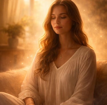 A peaceful woman meditating in golden sunlight, practicing mindfulness and spiritual wellness at home.