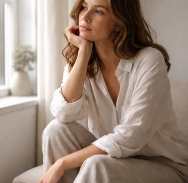 A thoughtful woman wearing a white linen shirt and trousers sits by a bright window.