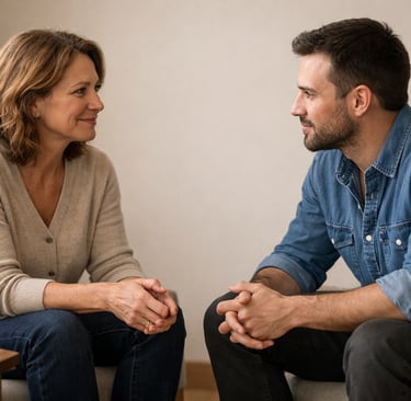 A smiling therapist listens to her male patient during a mental health counseling session.